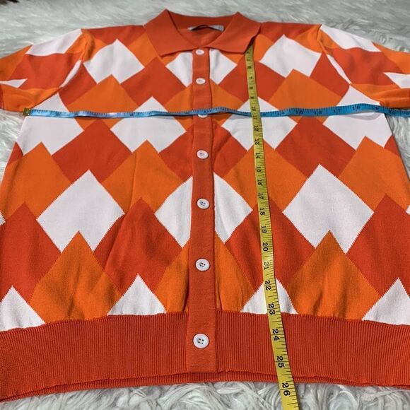 GRACE Karin button front knit shirt short sleeves orange/white argyle men small - Picture 7 of 8